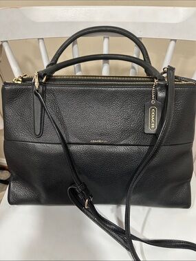 Coach Black Pebbled Leather Satchel with Gold Hardware and Detachable Strap